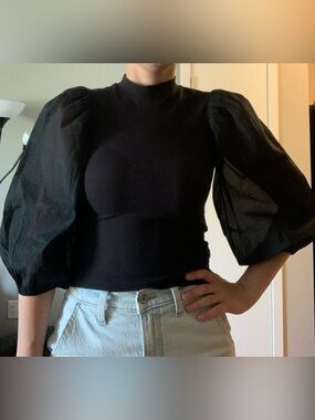 Levi’s Black Mock Neck Sheer Puffy Sleeve 3/4 Length Top